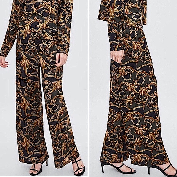 Zara Baroque Print Wide Leg Palazzo Pants - Picture 2 of 10